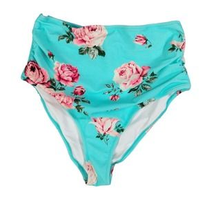 Cupshe High Waisted Floral Bikini Bottom‎ Ruched Swimsuit Turquoise Women M NEW